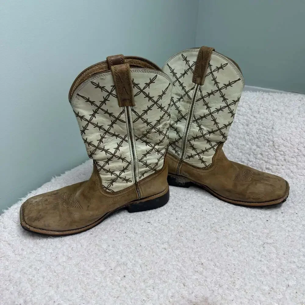 Twisted X Youth Bomber & White Barbed Wire Square Toe Western Boots Sz YOUTH 4